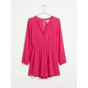 Anthropologie Romper Womens XL Pink Smocked Waist Long Sleeve V-Neck Crepe
